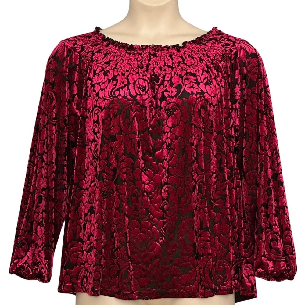 Burnout Velvet Floral Top XL Red Black Smocked Boxy Whimsigoth Fairy Grunge Y2K